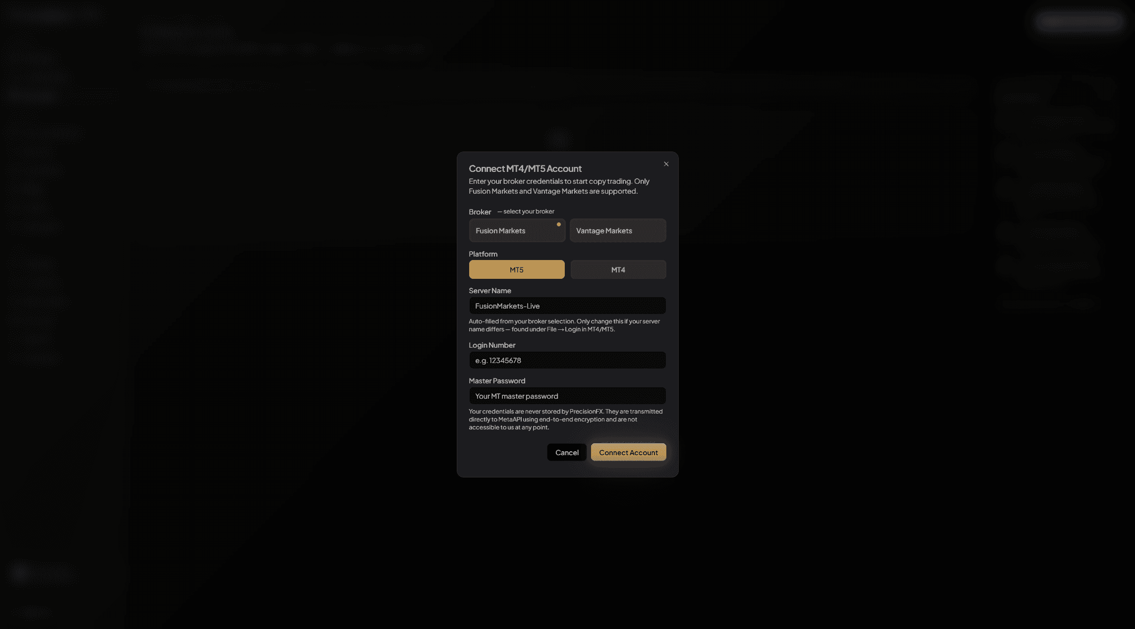 Connect Account form — login, server, password fields