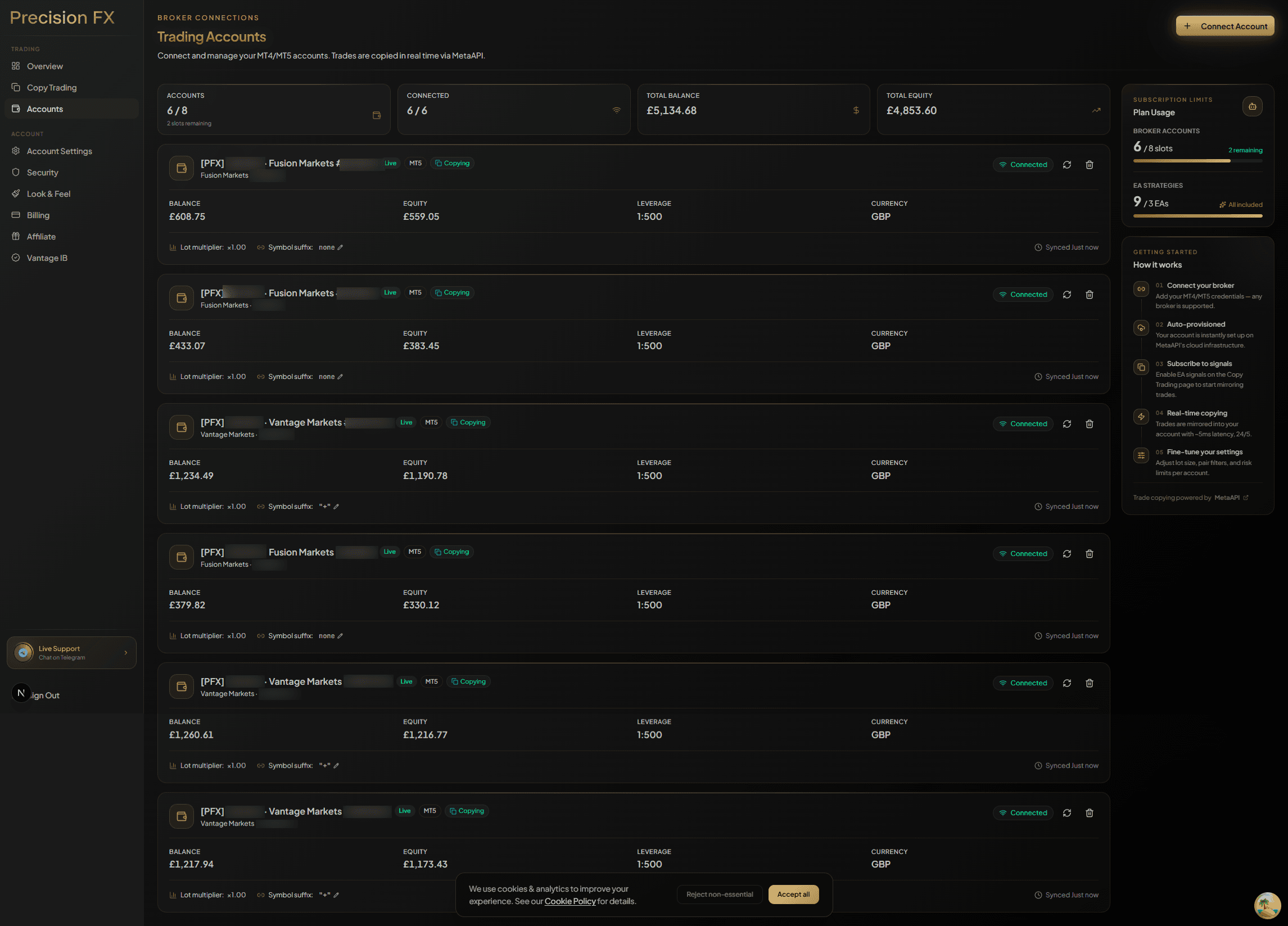 Accounts page — connected account showing CONNECTED status and sync data
