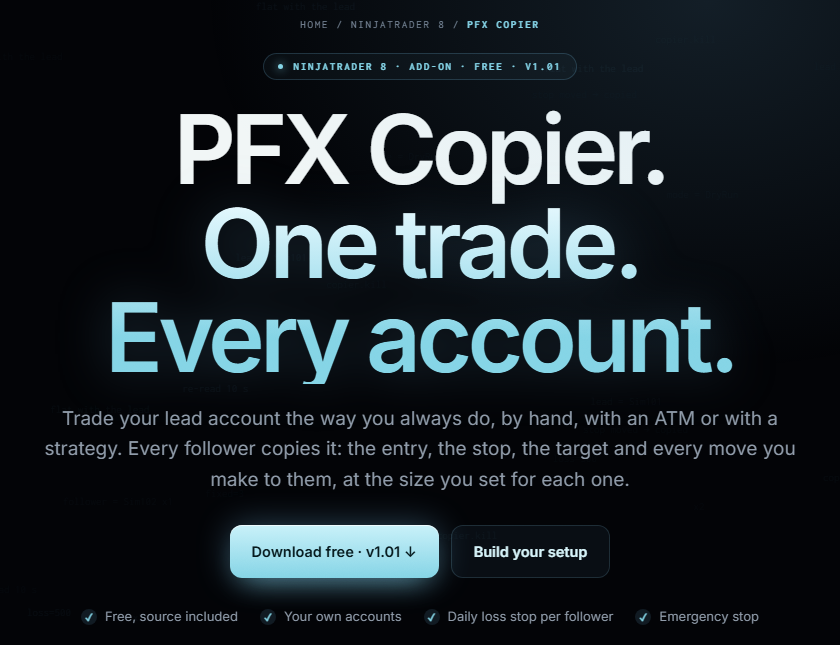 The PFX Copier page on precisionfx.io with the Download free button
