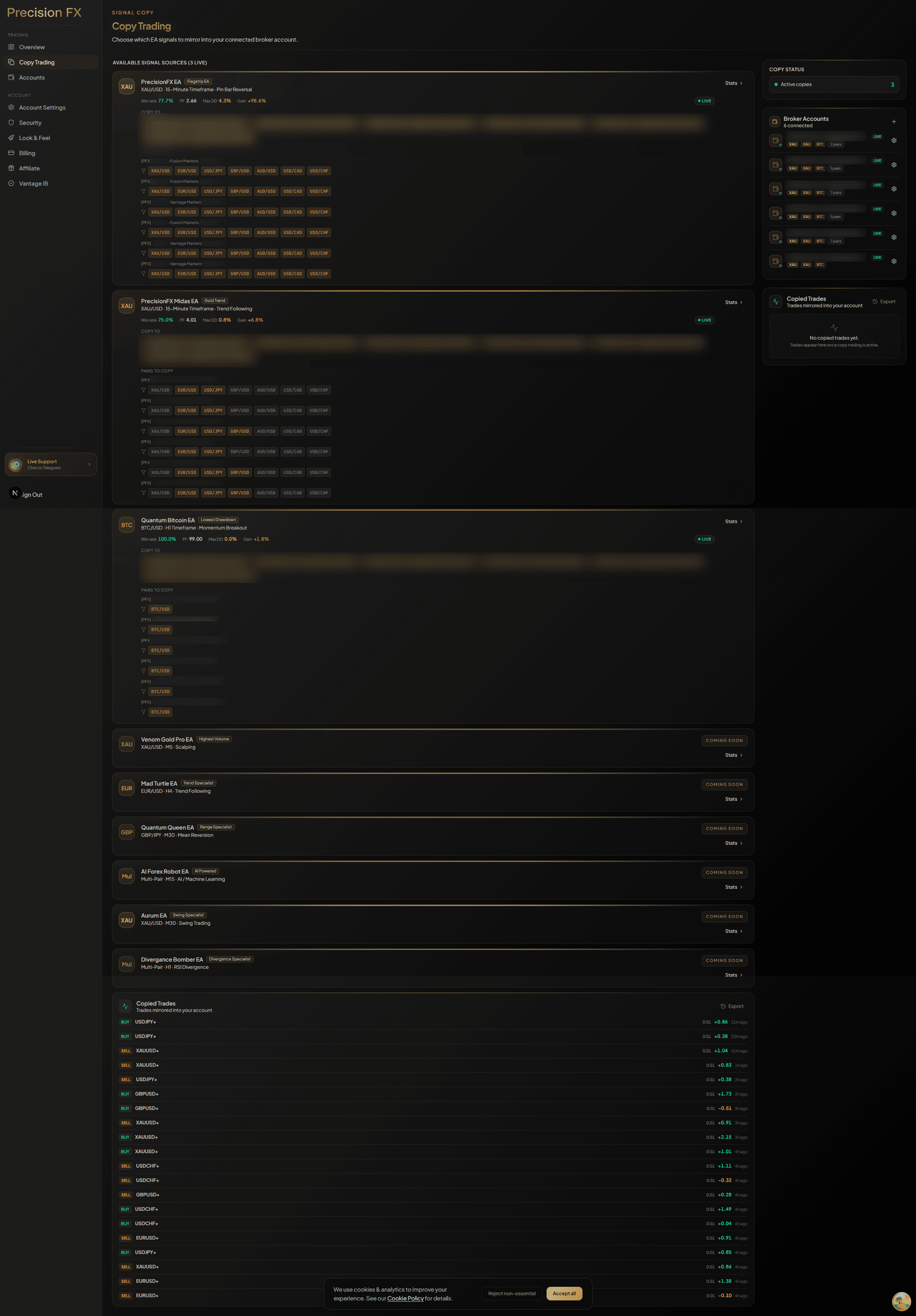 Dashboard overview — live sync indicator, open positions, recent trade history