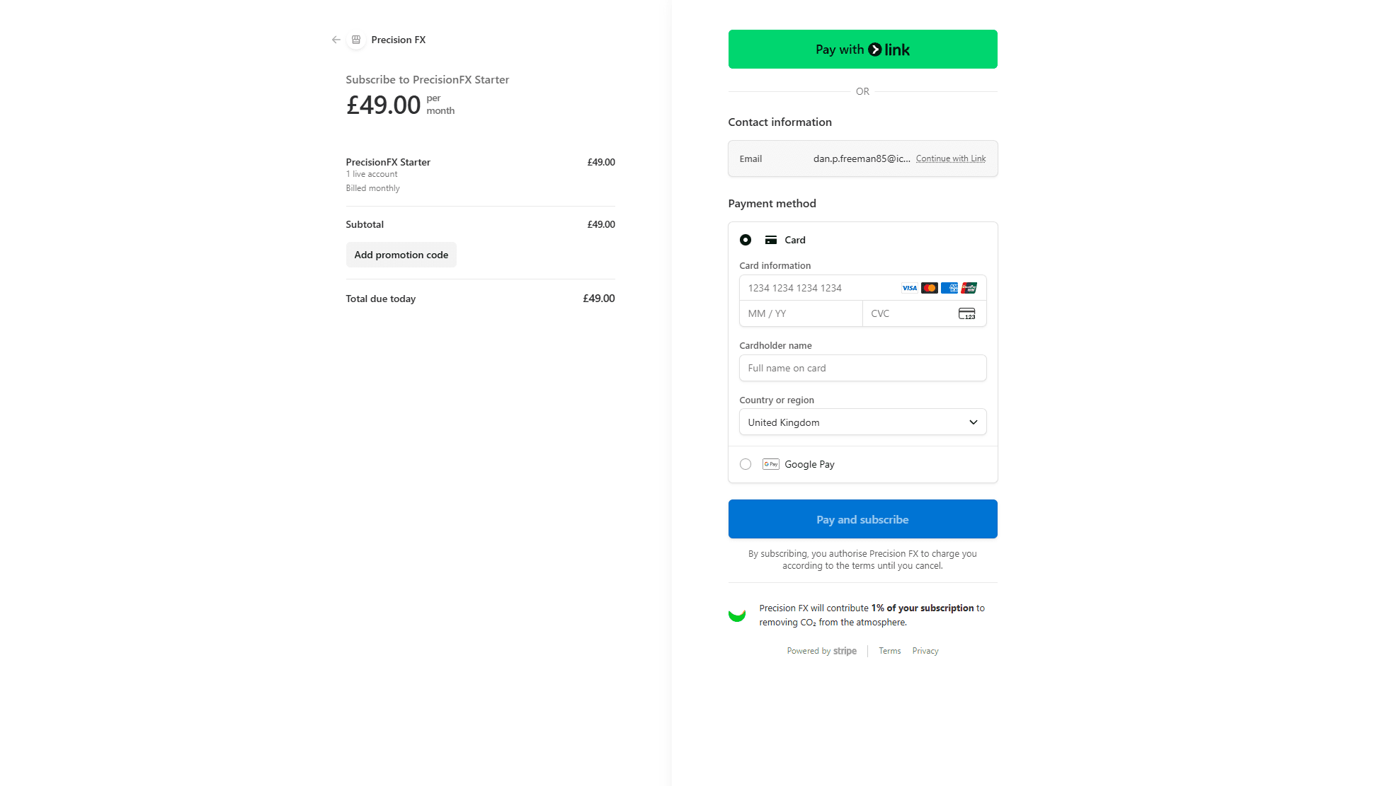 Stripe checkout page — card entry and plan summary